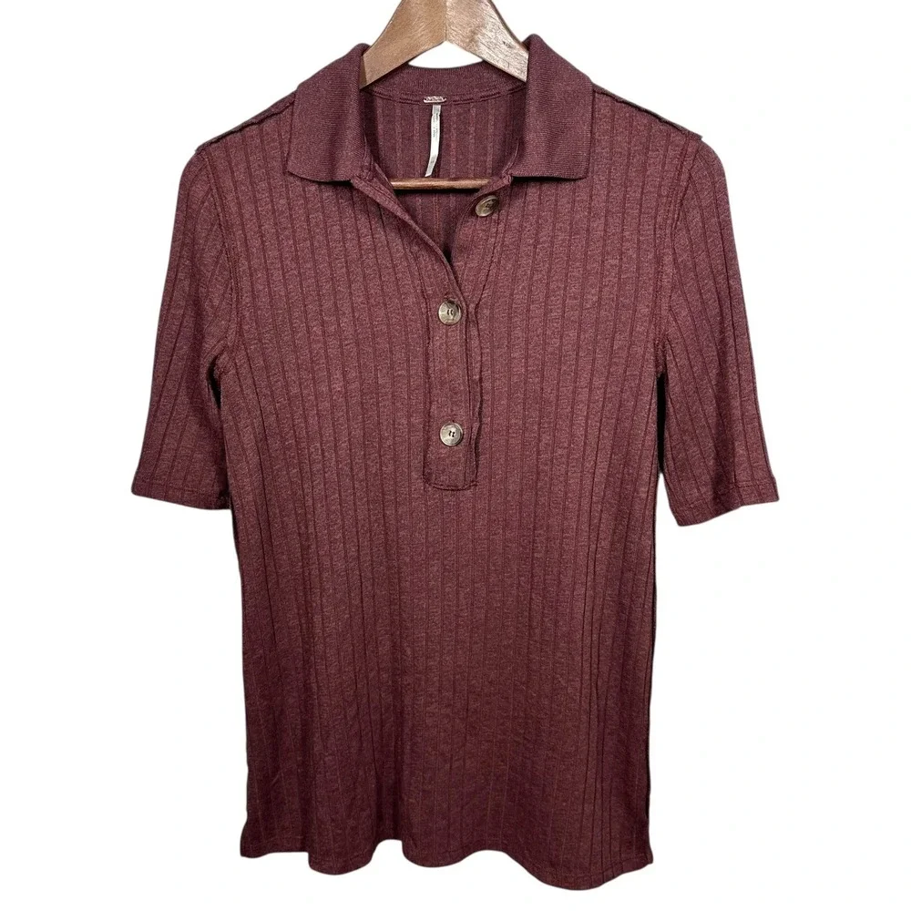 Free People Heart Strings Brown‎ Polo Ribbed Knit Shirt Top XS Old Money Preppy